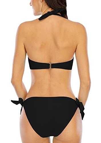 Halcurt Damen Neckholder Selbstbinden Twist Knoten Bikini Set Gepolstertes Oberteil Zweiteiliger Badeanzug, schwarz, Medium - 5