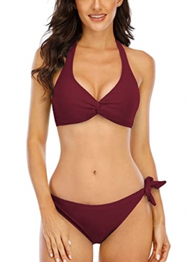 Halcurt Damen Neckholder Selbstbinden Twist Knoten Bikini Set Gepolstertes Oberteil Zweiteiliger Badeanzug, burgunderfarben, Medium - 1