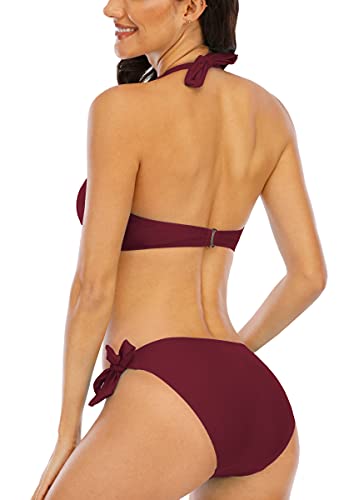Halcurt Damen Neckholder Selbstbinden Twist Knoten Bikini Set Gepolstertes Oberteil Zweiteiliger Badeanzug, burgunderfarben, Medium - 4