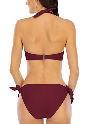 Halcurt Damen Neckholder Selbstbinden Twist Knoten Bikini Set Gepolstertes Oberteil Zweiteiliger Badeanzug, burgunderfarben, Medium - 5