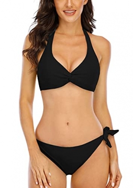 Halcurt Damen Neckholder Selbstbinden Twist Knoten Bikini Set Gepolstertes Oberteil Zweiteiliger Badeanzug, schwarz, Medium - 1