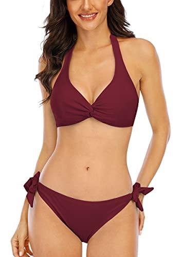 Halcurt Damen Neckholder Selbstbinden Twist Knoten Gepolstertes Oberteil Bikini Zweiteiliger Badeanzug, burgunderfarben, X-Large - 2