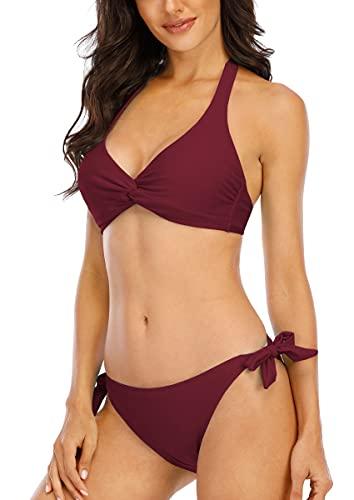 Halcurt Damen Neckholder Selbstbinden Twist Knoten Gepolstertes Oberteil Bikini Zweiteiliger Badeanzug, burgunderfarben, X-Large - 3
