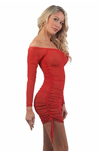MISS NOIR Damen Netz Minikleid elastisch und flexibel tragbar mit Lange Ärmel Netzkleid Clubwear Partykleid (S-M, Rot (20274-RD)) - 2
