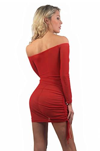 MISS NOIR Damen Netz Minikleid elastisch und flexibel tragbar mit Lange Ärmel Netzkleid Clubwear Partykleid (S-M, Rot (20274-RD)) - 3