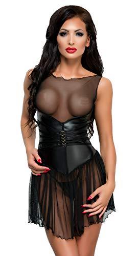 Schwarzes erotisches Frauen Gogo Mini Kleid Chemise transparent aus Wetlook Material und Tüll S/M - 1