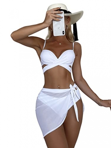 SheIn Damen 3 Piece Wickel Bikini Set mit Strandrock Push Up Schwimwear Bademode Strandmode Weiß S - 1