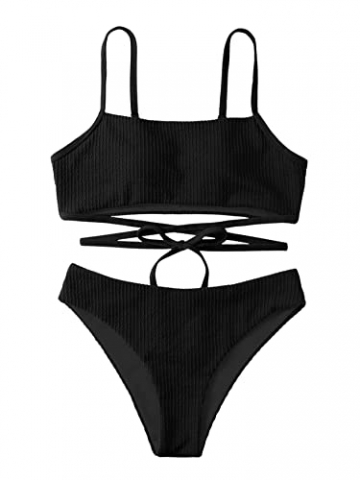 SheIn Damen Bikini Set mit Über Kreuz Bademode Criss-Cross Strandmode Swimsuit Push Up Badeanzug Schwarz S - 3
