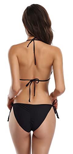 SHEKINI Bikini Damen Set Sexy Klassischer Triangel Rückenfrei Bikinioberteil Verstellbare Zweiteiliger Badeanzug Niedrige Taille Ruched Bikinihose für Frauen（M, Schwarz） - 2
