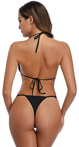 SHEKINI Damen Bikini Set Klassischer Triangel Rückenfrei Bikinioberteil Verstellbare Bademode Brasilianer Niedrige Taille Tanga Bikinihose Zweiteiliger Badeanzug(XS,Schwarz) - 2