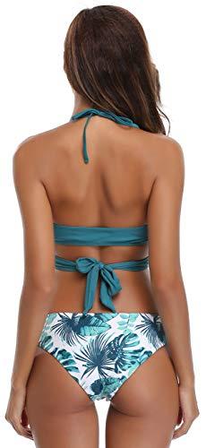 SHEKINI Damen Bikini Set Push up Verstellbar Crossover Ties-up Neckholder Bikinioberteil Zweiteiliger Badeanzug Triangel Gedruckt Niedrige Taille Sport Bikinihose Strandkleidung (Small, Grün) - 2