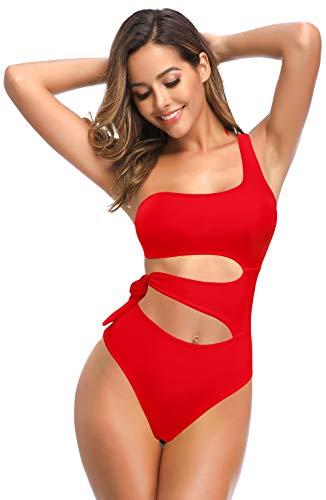 SHEKINI Damen Eine Schulter Asymmetrischer Einteiliger Badeanzug Bikini Rückenfrei Strandbikinis Elegant Verstellbarer Cutout Triangel Monokini Badeanzüge(Rot, XL) - 5