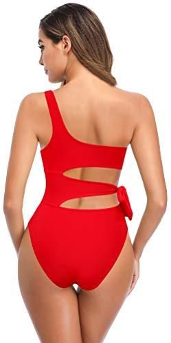SHEKINI Damen Eine Schulter Asymmetrischer Einteiliger Badeanzug Bikini Rückenfrei Strandbikinis Elegant Verstellbarer Cutout Triangel Monokini Badeanzüge(Rot, XL) - 2