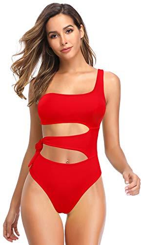 SHEKINI Damen Eine Schulter Asymmetrischer Einteiliger Badeanzug Bikini Rückenfrei Strandbikinis Elegant Verstellbarer Cutout Triangel Monokini Badeanzüge(Rot, XL) - 4
