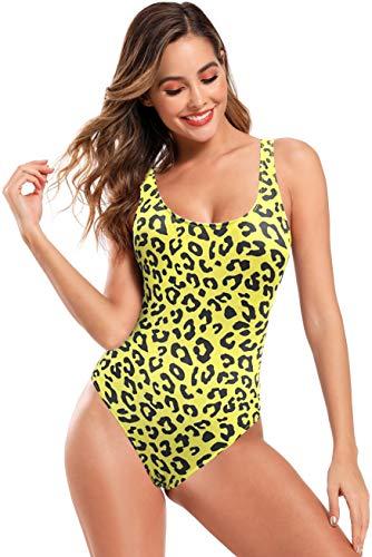 SHEKINI Damen Einteiliger Badeanzug Sportlich Rückenfrei Moderate Abdeckung Strandbikinis Slim Monokini Bodysuit（S, Geld Leopard） - 3