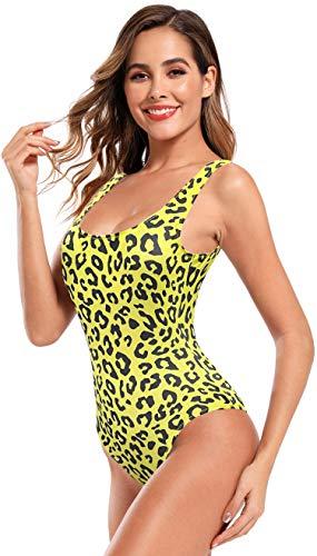 SHEKINI Damen Einteiliger Badeanzug Sportlich Rückenfrei Moderate Abdeckung Strandbikinis Slim Monokini Bodysuit（S, Geld Leopard） - 4