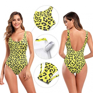 SHEKINI Damen Einteiliger Badeanzug Sportlich Rückenfrei Moderate Abdeckung Strandbikinis Slim Monokini Bodysuit（S, Geld Leopard） - 5