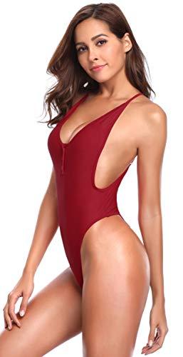 SHEKINI Damen Einteiliger Badeanzug Vorne Verstellbar Knöpfe Monokini High Cut String Thong Bikini V-Ausschnitt Strandbikinis(XL, Weinrot) - 4