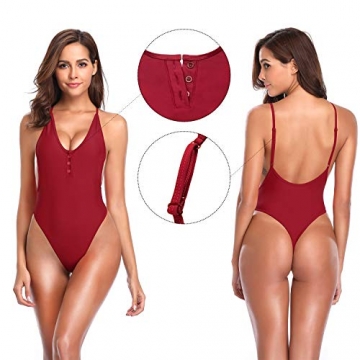 SHEKINI Damen Einteiliger Badeanzug Vorne Verstellbar Knöpfe Monokini High Cut String Thong Bikini V-Ausschnitt Strandbikinis(XL, Weinrot) - 6