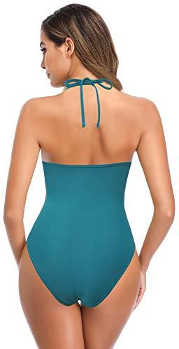SHEKINI Damen Neckholder Verstellbarer Rückenfrei Cutout Einteiliger Badeanzug Elegant Monokini Einteiliger Bikinis Badeanzug(C-Dunkelgrün, S) - 2