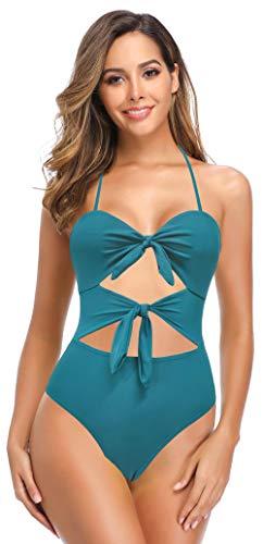 SHEKINI Damen Neckholder Verstellbarer Rückenfrei Cutout Einteiliger Badeanzug Elegant Monokini Einteiliger Bikinis Badeanzug(C-Dunkelgrün, S) - 3