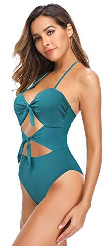SHEKINI Damen Neckholder Verstellbarer Rückenfrei Cutout Einteiliger Badeanzug Elegant Monokini Einteiliger Bikinis Badeanzug(C-Dunkelgrün, S) - 4