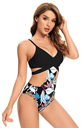 SHEKINI Damen Sexy Einteiliger Badeanzug Monokini Cutout Rückenfrei Verstellbar Chic Strandkleidung für Frauen(Schwarz Y,L) - 5