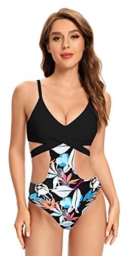SHEKINI Damen Sexy Einteiliger Badeanzug Monokini Cutout Rückenfrei Verstellbar Chic Strandkleidung für Frauen(Schwarz Y,L) - 1