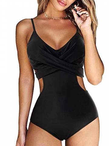 YILEEGOO Einteiliger Damen-Badeanzug mit hoher Taille und Cutout, Monokini, Bademode, Schwarz , M - 1
