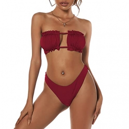 ZAFUL Bandeau-Bikini-Set für Damen, sexy String, Krawatte, plissiert, hoher Schnitt, B-Wine Rot, Large - 1