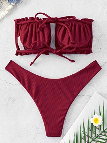 ZAFUL Bandeau-Bikini-Set für Damen, sexy String, Krawatte, plissiert, hoher Schnitt, B-Wine Rot, Large - 4