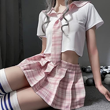 Schulmädchen-Outfits, japanischer karierter Faltenrock, JK-Uniform, Cosplay-Dessous, 7039white pink, Einheitsgröße - 5