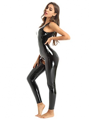 iEFiEL Damen Jumpsuit Einteiler Lange Hose Overall Glänzend Body Bodysuit eng sexy Kostüm Catsuit mit Reisverschluss Dessous Unterwäsche Schwarz XL - 2