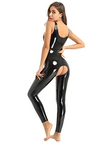iEFiEL Damen Jumpsuit Einteiler Lange Hose Overall Glänzend Body Bodysuit eng sexy Kostüm Catsuit mit Reisverschluss Dessous Unterwäsche Schwarz XL - 4