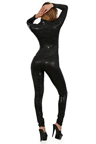 MISS NOIR Damen 112-LP Overall im Wetlook S-3XL mit 4-Wege-Reißverschluss Sexy Jumpsuit Catsuit Exklusives Clubwear (3XL, Schwarz (112-ZB)) - 3