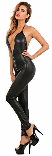 Miss Noir Damen Overall im Wetlook mit 4-Wege-Reißverschluss Rückenfreier Sexy Jumpsuit Catsuit Exklusives Clubwear , 3XL, Schwarz - 2