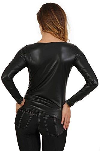 MISS NOIR Damen Wetlook Langarmshirt Latex Top Sexy Bluse Rundhalsausschnitt Clubwear Tops (L) - 3