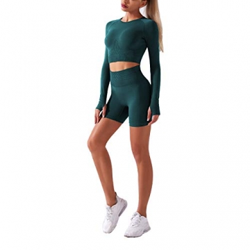 whitzard Damen Workout 2-teilige Outfits Langarm Nahtloses Fitnessstudio Crop Top + Hohe Taille Yoga Shorts Trainingsanzug-Sets (Dunkelgrün, L) - 2