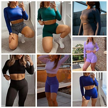 whitzard Damen Workout 2-teilige Outfits Langarm Nahtloses Fitnessstudio Crop Top + Hohe Taille Yoga Shorts Trainingsanzug-Sets (Dunkelgrün, L) - 6