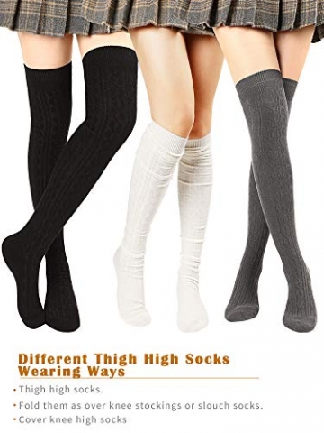 SATINIOR Über Knie Lange Socken Baumwolle Oberschenkel Hohe Socken Stricken Lange Stiefel Strumpf Beinwärmer (Schwarz, Dunkelgrau und Weiß, 3 Paare) - 2