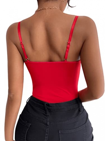SheIn Damen Spitze Bodysuit Transparenter Netz Spaghettiträger Body V-Ausschnitt Bodys Rot M - 2