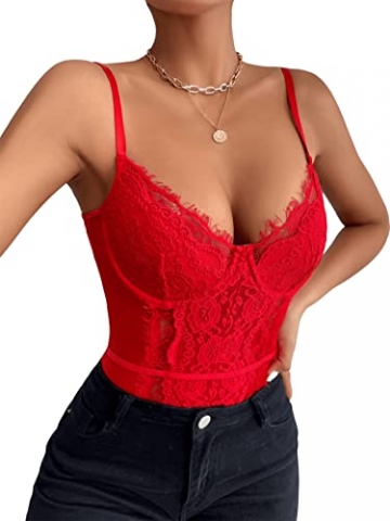 SheIn Damen Spitze Bodysuit Transparenter Netz Spaghettiträger Body V-Ausschnitt Bodys Rot M - 4