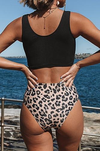 Beachsissi Damen Hoch taillierte Bademode Leopardenmuster Zweiteilige Badeanzüge Knotenfront Bikini Sets, Schwarz, M - 6